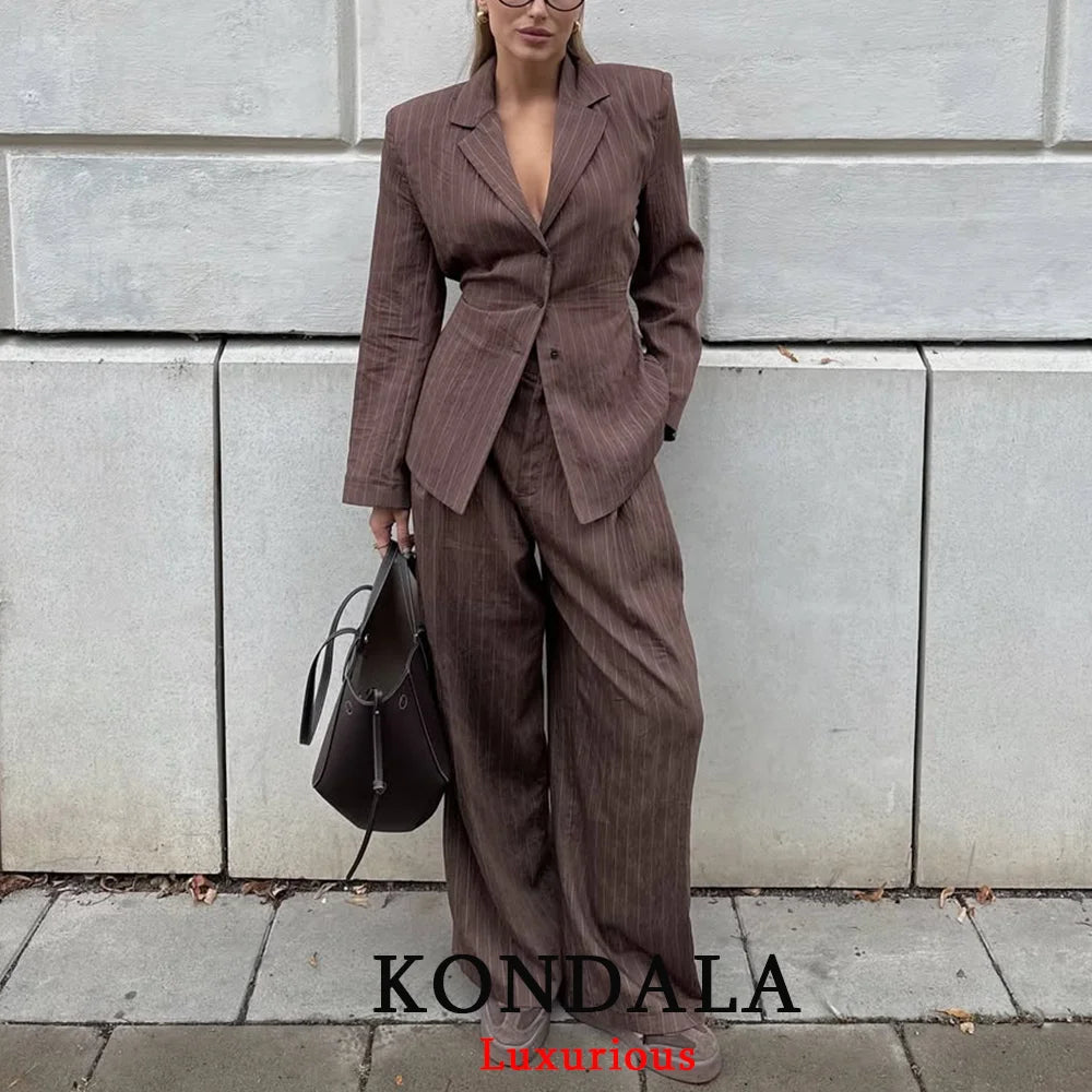 KONDALA Office Lady Chic Brown Suits V Neck Striped Loose Blazer High Waist Wide Leg Pants Fashion 2025 Fall Casual WOmen Suits