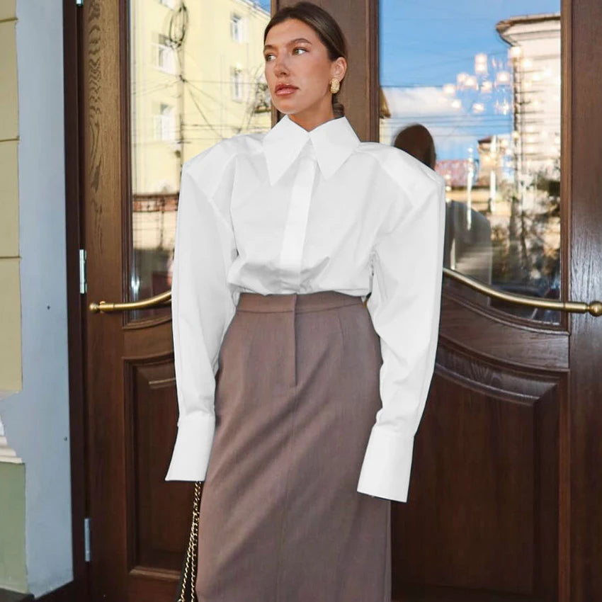 Linad Autumn Elegant White Puff Sleeve Shirt Office Lady Single-Breasted Woman Blouse 2025 Street Chic Turn Down Collar Tops