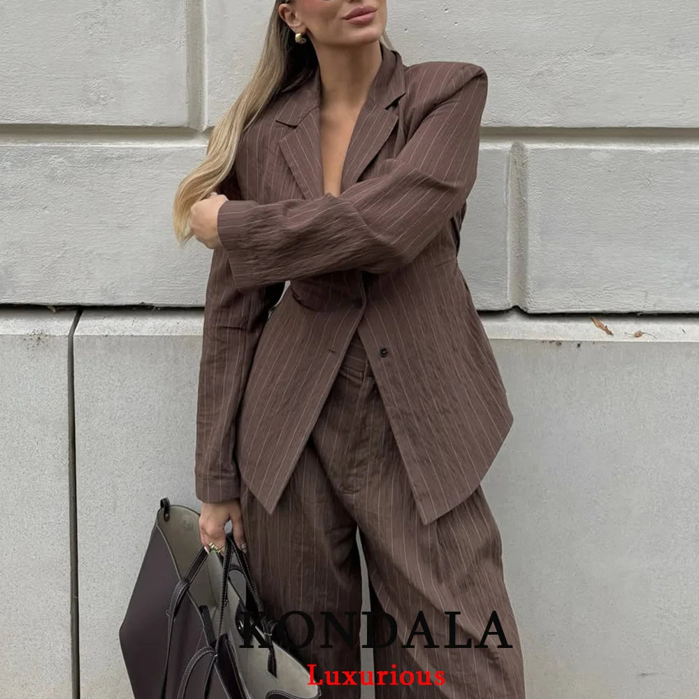 KONDALA Office Lady Chic Brown Suits V Neck Striped Loose Blazer High Waist Wide Leg Pants Fashion 2025 Fall Casual WOmen Suits