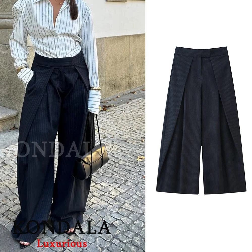 KONDALA Casual Chic Wide Leg Pants Women Office Lady Pockets Pleated Long Trousers Fashion 2026 Spring Summer Streetwear Pants