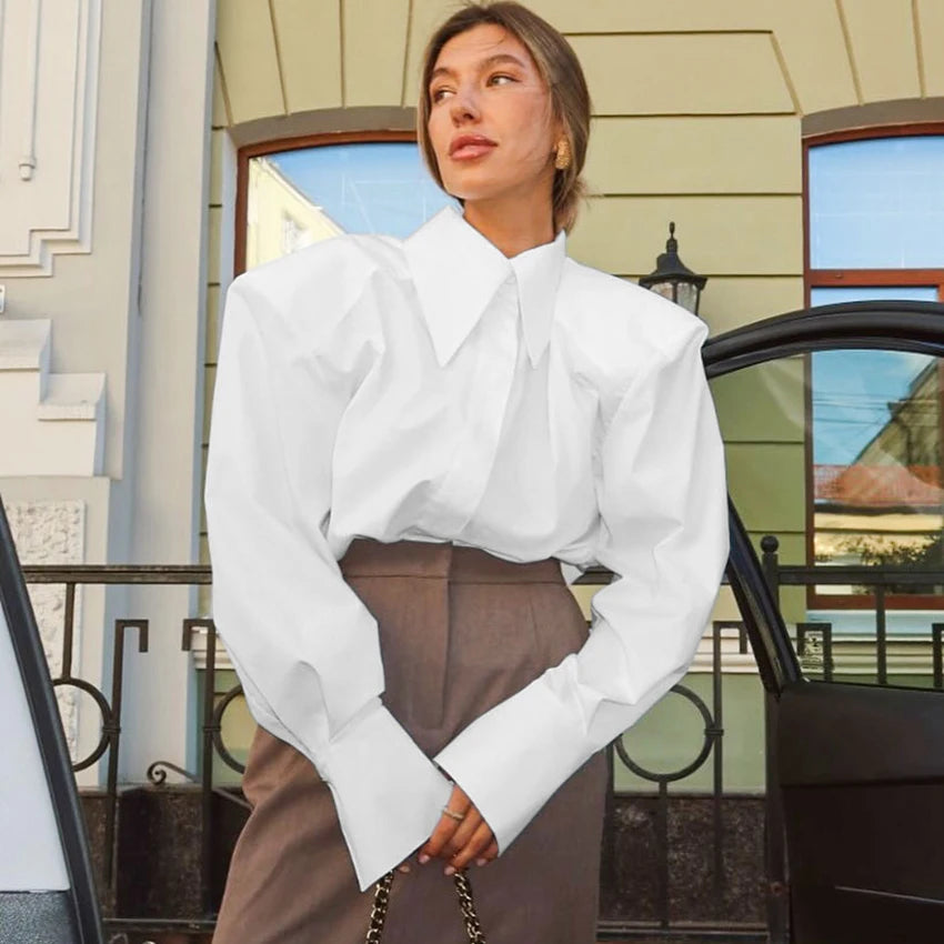 Linad Autumn Elegant White Puff Sleeve Shirt Office Lady Single-Breasted Woman Blouse 2025 Street Chic Turn Down Collar Tops
