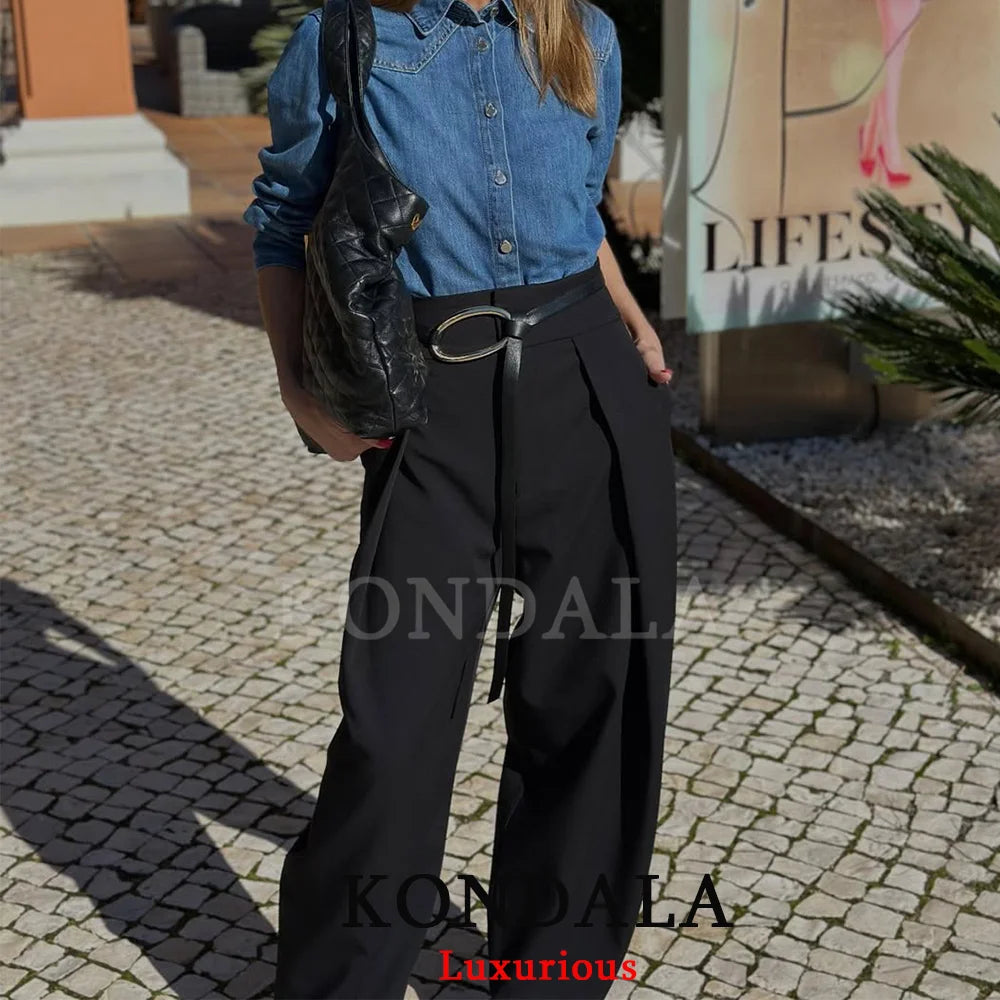 KONDALA Casual Chic Wide Leg Pants Women Office Lady Pockets Pleated Long Trousers Fashion 2026 Spring Summer Streetwear Pants