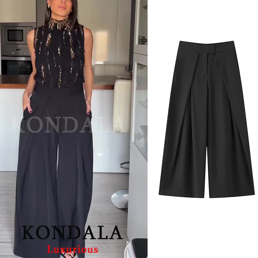 KONDALA Casual Chic Wide Leg Pants Women Office Lady Pockets Pleated Long Trousers Fashion 2026 Spring Summer Streetwear Pants