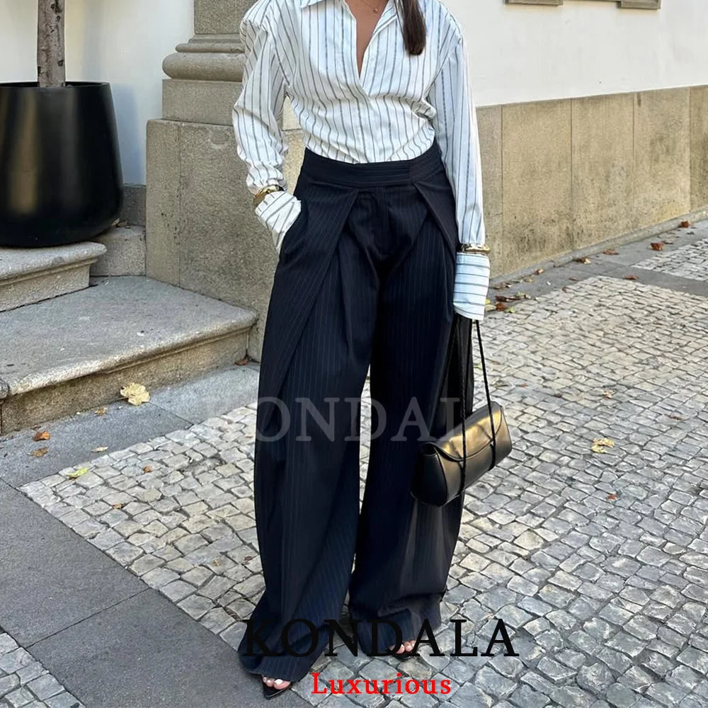 KONDALA Casual Chic Wide Leg Pants Women Office Lady Pockets Pleated Long Trousers Fashion 2026 Spring Summer Streetwear Pants