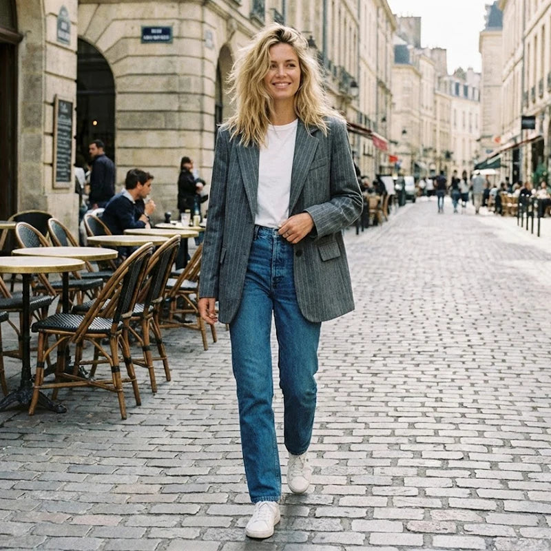 Willshela Women Fashion With Pockets Striped Single Breasted Blazer Vintage Notched Neck Long Sleeves Female Chic Lady Outfits